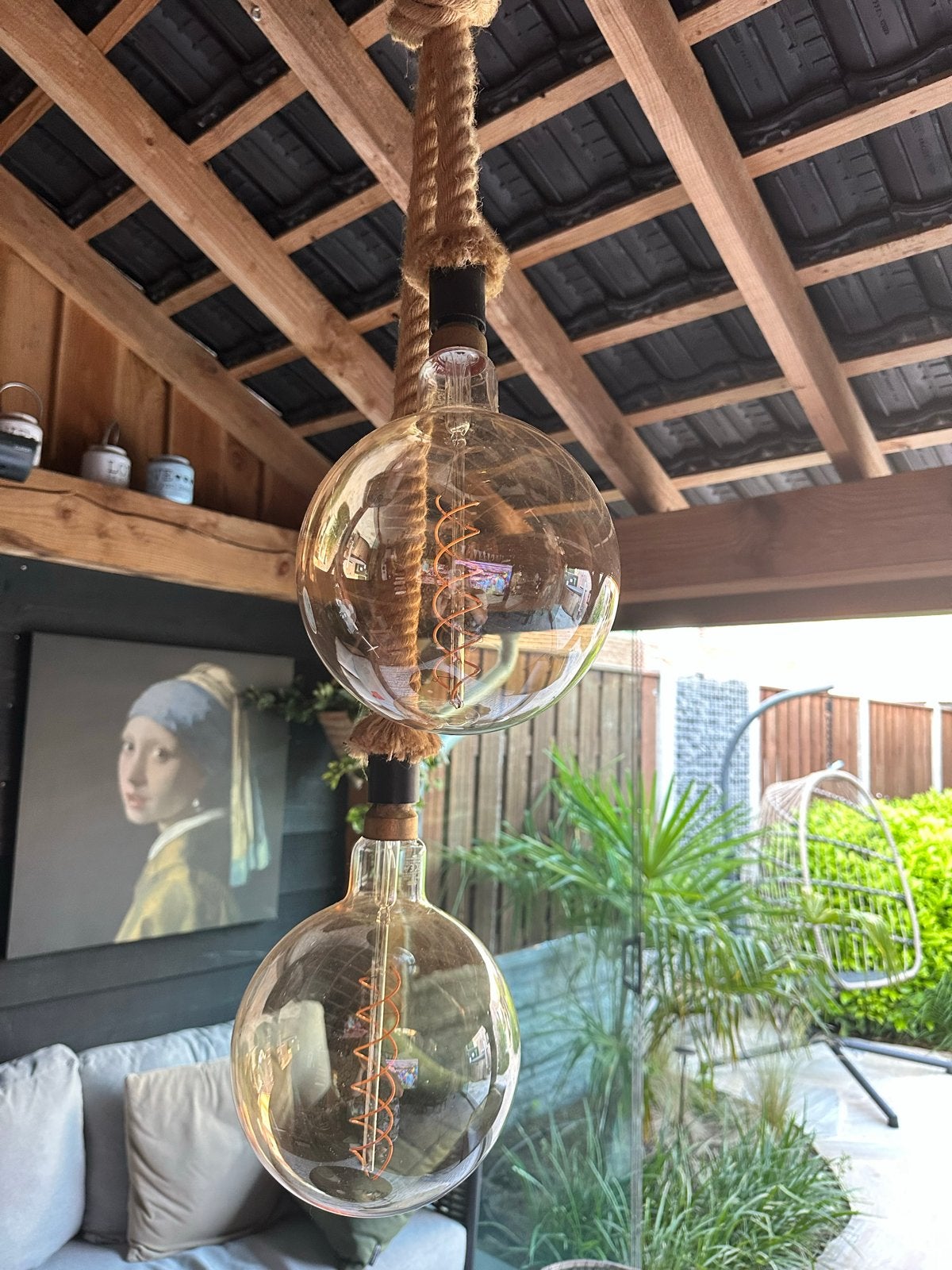 Hanglamp met touw en 2 grote Edison LED bollen, Ophalen, Zo goed als nieuw, Natuurlijk materiaal, E27 (groot)
