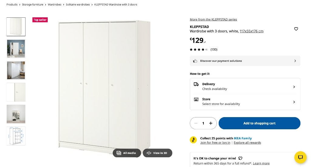 KLEPPSTAD Kledingkast met 3 deuren, wit, Ophalen, Overige materialen, Met deur(en), 100 tot 150 cm
