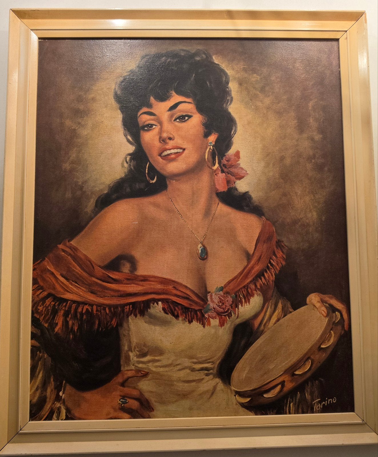 Vintage schilderij 'Torino' - Vrouw met tamboerijn, Ophalen, Paneel, Portret of Personen, Realistisch