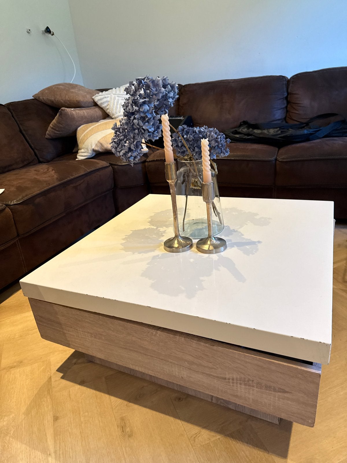 Moderne salontafel met opbergruimte, Ophalen, Gebruikt, 100 tot 150 cm, Vierkant