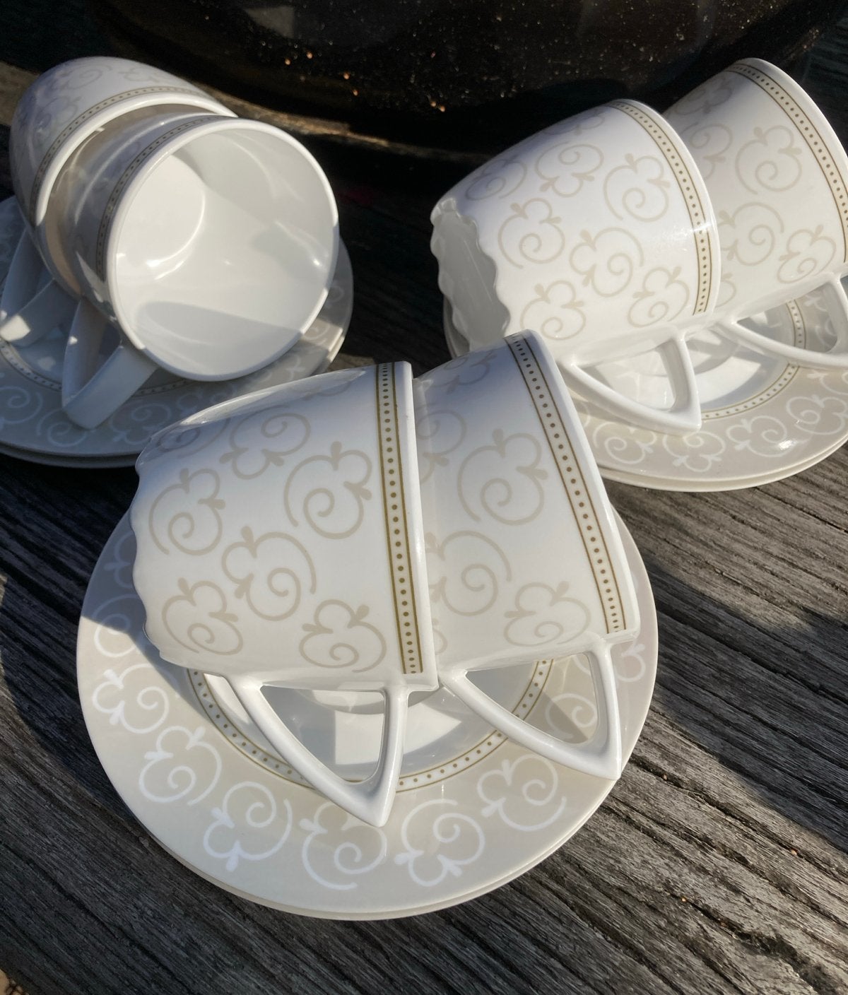 Mepal Rosti Damast camping servies - 6 kopjes met schotels, Kunststof, Gebruikt, Mepal, Ophalen of Verzenden