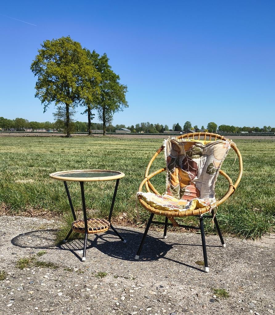 Vintage Rohe Noordwolde set stoel en tafeltje rotan, Huis en Inrichting, Stoelen, Ophalen, Gebruikt, Bruin, Vintage