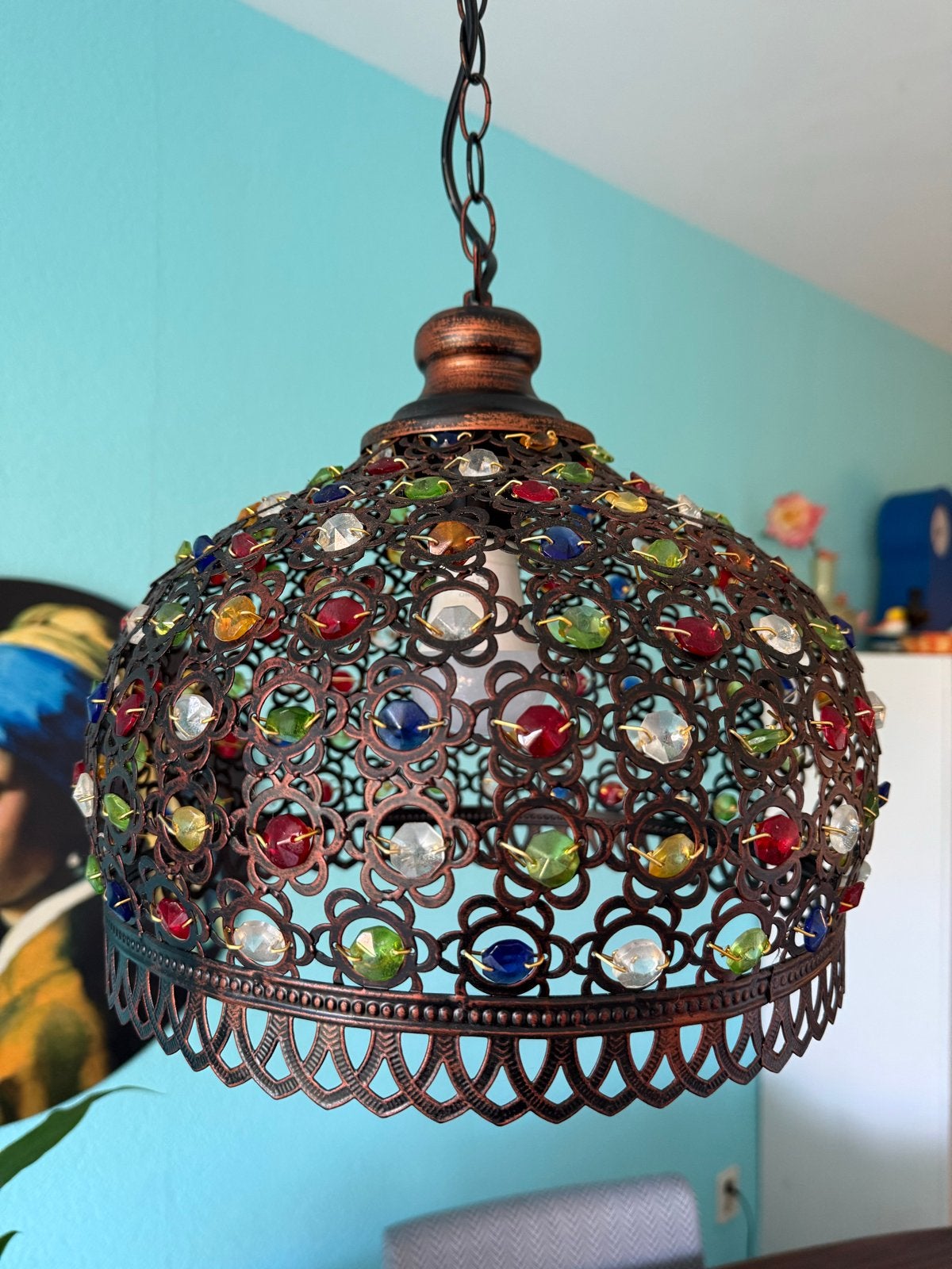 Oosterse hanglamp met gekleurde kralen, Huis en Inrichting, Lampen | Hanglampen, Ophalen, Gebruikt, Metaal, E27 (groot)