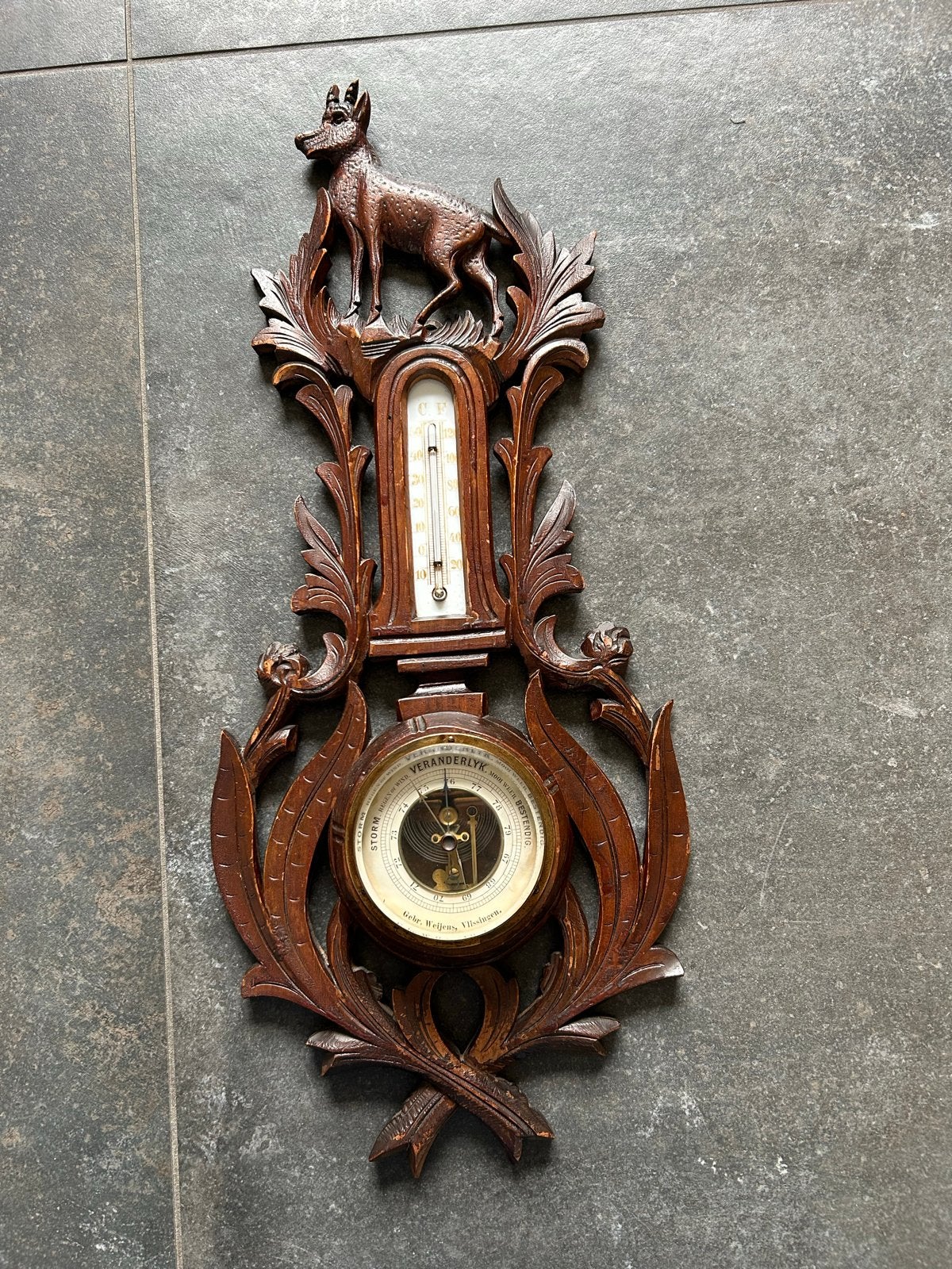 Antieke Barometer met Thermometer en Houten Snijwerk, Audio, Tv en Foto, Ophalen of Verzenden, Gebruikt, Barometer