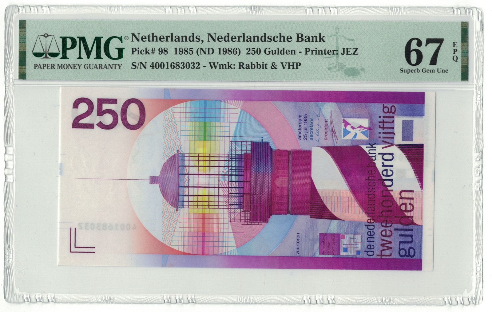 250 Gulden “Vuurtoren” 1985 PMG 67 EPQ, Ophalen of Verzenden, 250 gulden