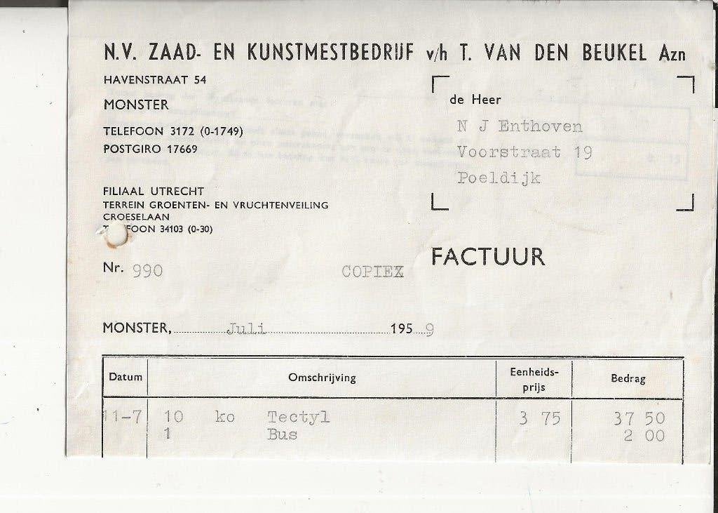 Poeldijk Factuur Enthoven Zaad en kunstmestbedrijf juli 1959, Ophalen of Verzenden, 1940 tot 1960, Gelopen, Zuid-Holland