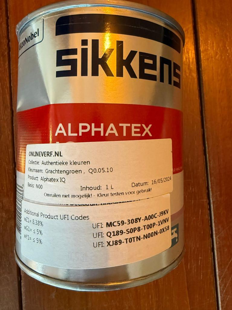 2 x Sikkens Alphatex IQ Zijdeglans Muurverf Grachtengroen, Doe-het-zelf en Verbouw, Verf, Beits en Lak, Nieuw, Ophalen of Verzenden