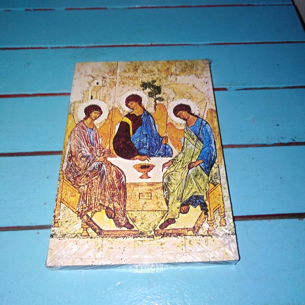 Icoon van de Heilige Drievuldigheid van Roublev 14 x 9,5 cm, Ophalen, Zo goed als nieuw, Overige typen, Christendom | Katholiek
