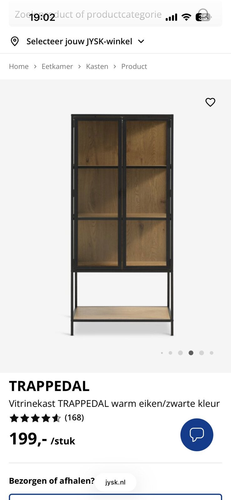 Vitrinekast TRAPPEDAL  Kleur Warm eiken, Zwart, Huis en Inrichting, Zo goed als nieuw, 150 tot 200 cm, 25 tot 50 cm, 50 tot 100 cm