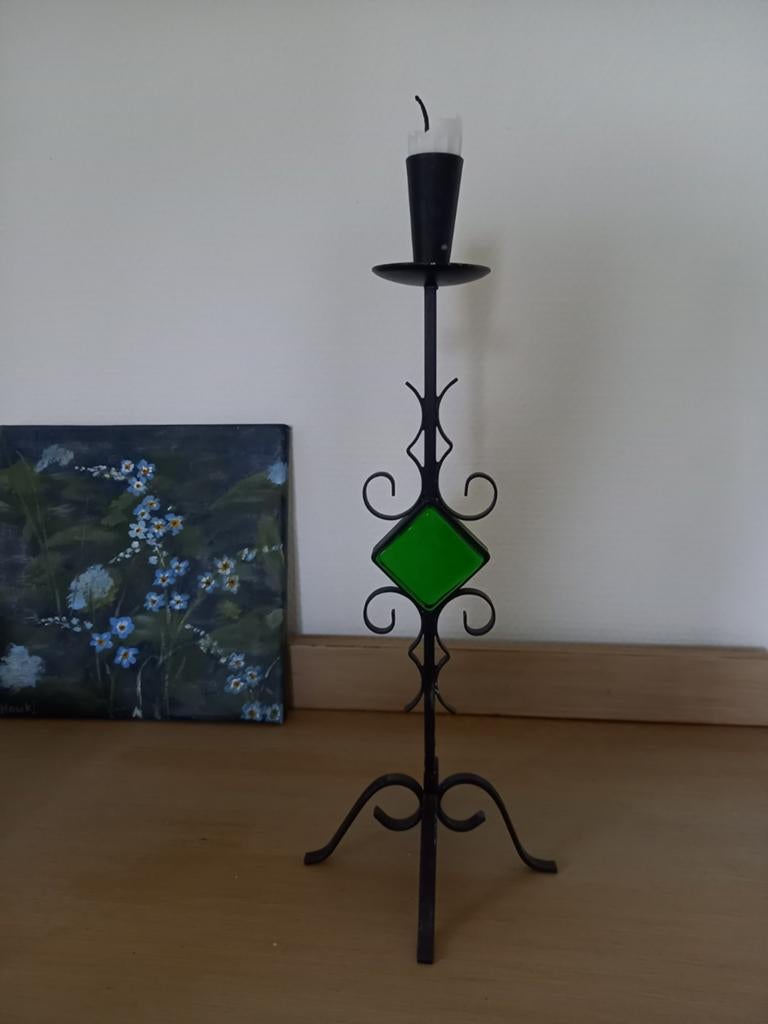 Vintage Smeedijzeren Kandelaar met groen glas Ystad Metall, Antiek en Kunst, Ophalen of Verzenden, Overige materialen