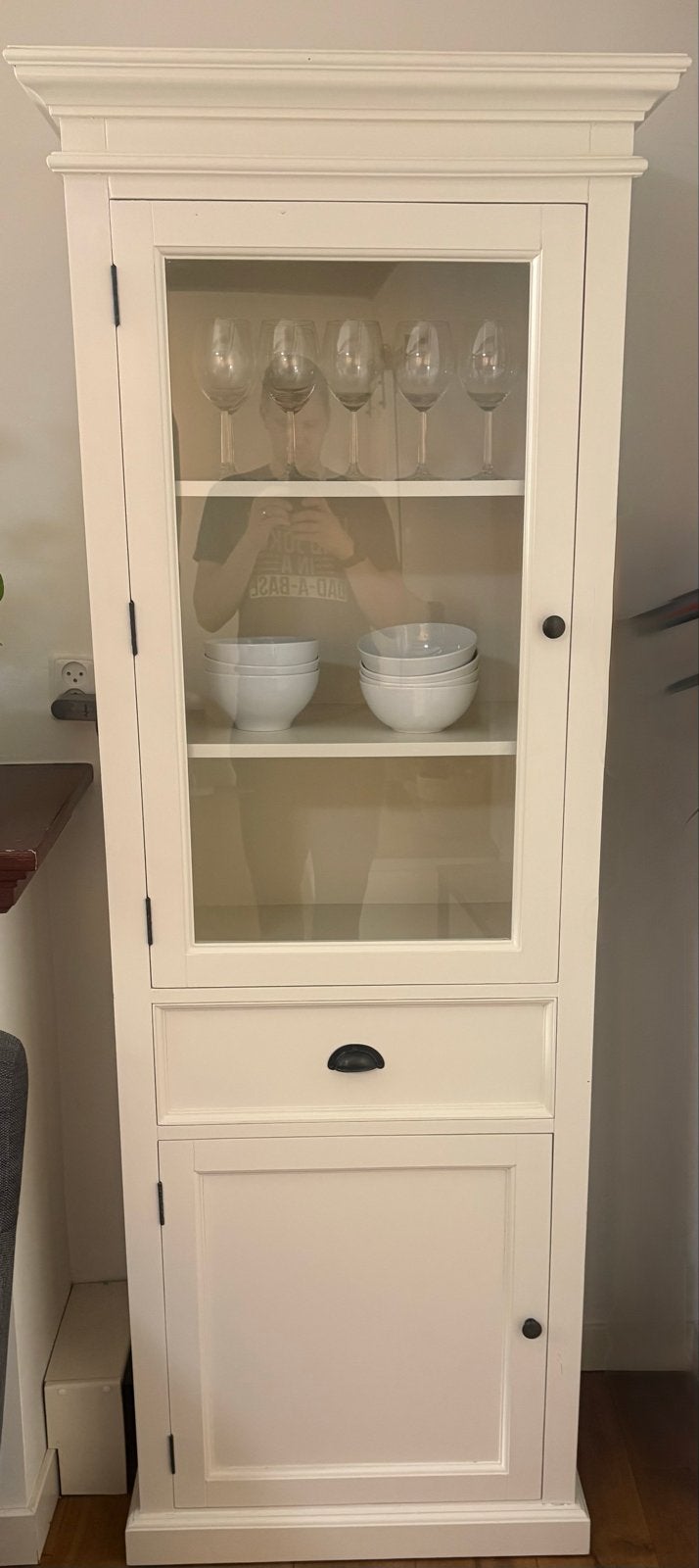 Witte vitrinekast met lade en deuren, Ophalen, Gebruikt, 200 cm of meer, 50 tot 100 cm