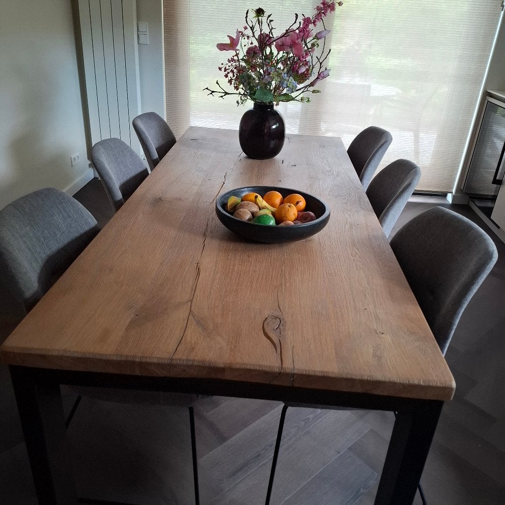 massief houten eettafel, Ophalen, Gebruikt, Eikenhout, 200 cm of meer