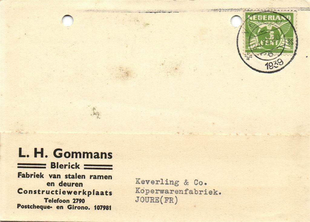 L.H. Gommans, Blerick - 11.1939 - briefkaart, Ophalen of Verzenden, Briefkaart
