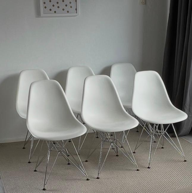 Set van 6 witte, originele Vitra Eames DSR stoelen, Huis en Inrichting, Ophalen, Gebruikt, Wit, Metaal