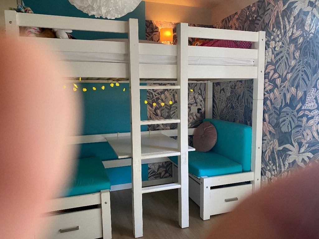 Bed hoogslaper incl bureau en lades verstelbaar 2e bed, Ophalen, Gebruikt, Eenpersoons, 200 cm