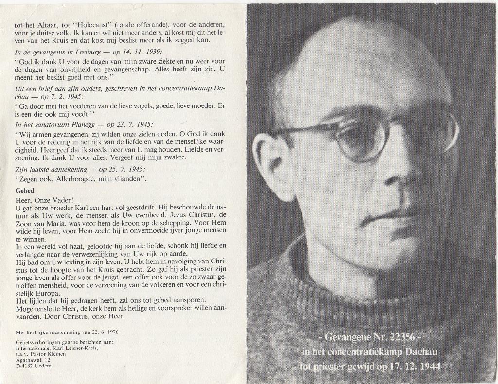 WO-2 Dachau Karel Leisner 1915 Rees + 1945 München, 30 jr, Verzenden