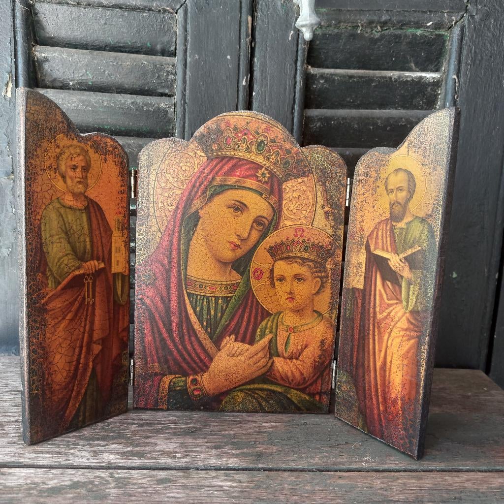 Vintage reisaltaar of ikoon papier op hout, 22x31 cm, Antiek en Kunst, Antiek | Religie, Ophalen of Verzenden