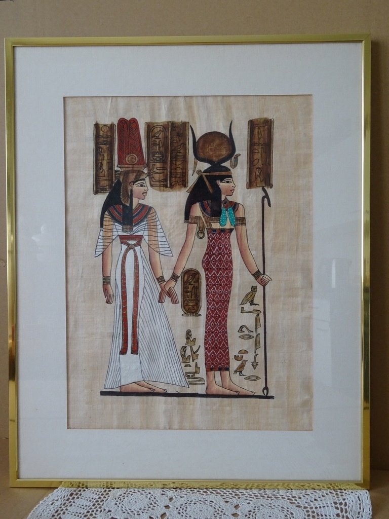Vintage papyrus schilderij Egypte in luxe omlijsting 41x51cm, Ophalen of Verzenden