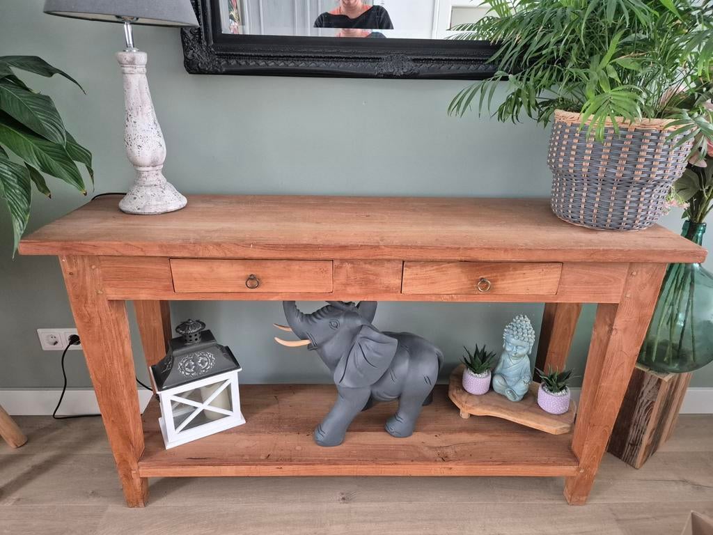 Teak houten sidetable met lades en onderplank, Huis en Inrichting, Ophalen, Gebruikt, 100 tot 150 cm, Landelijk, Koloniaal