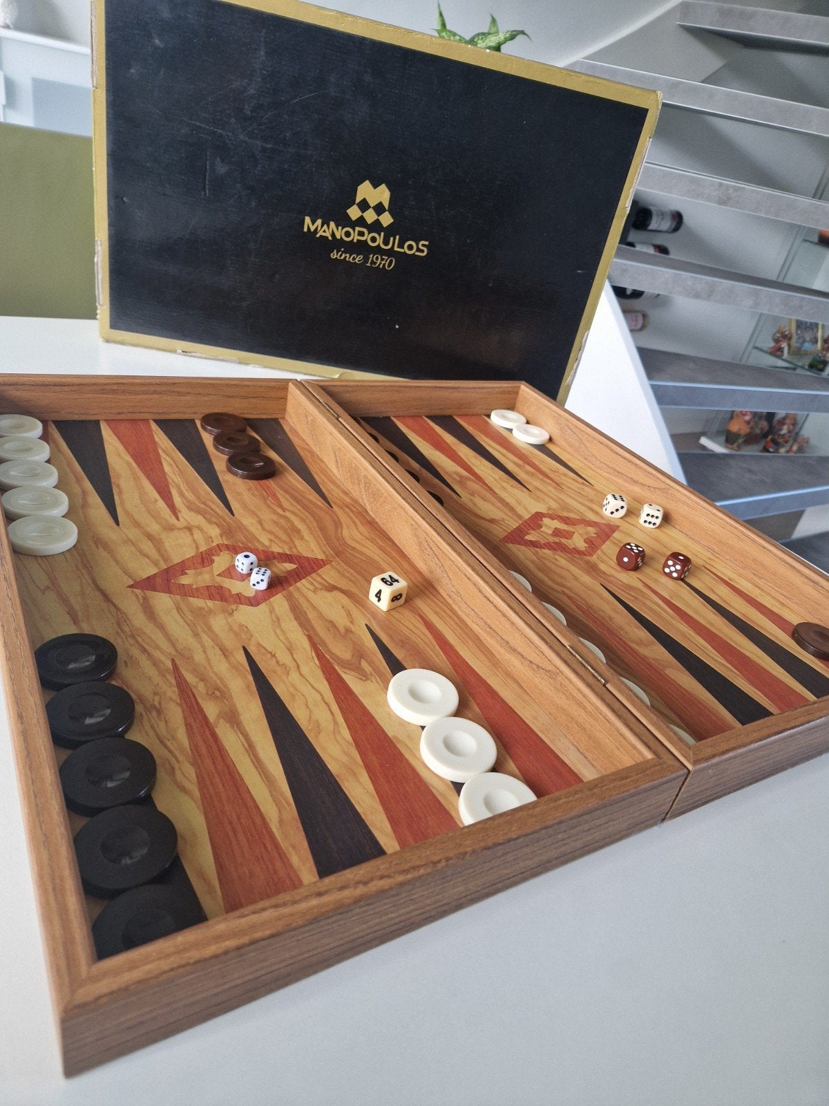 Manopoulos Backgammon Spel - Houten Bord met Dobbelstenen, Een of twee spelers, Ophalen, Zo goed als nieuw, Manopoulos