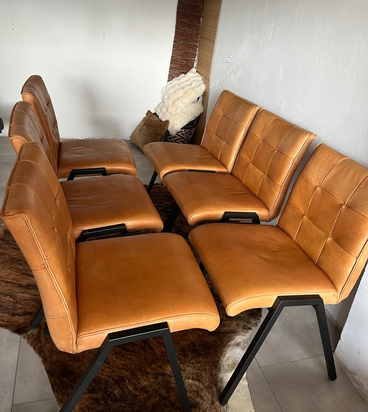 6 industriële leren stoelen cognac De Bommel, Bruin, Ophalen of Verzenden, Zo goed als nieuw, Vijf, Zes of meer stoelen