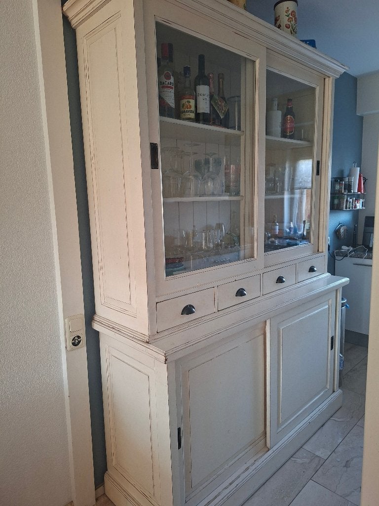 Mooie tweedelige vitrinekast - 158x220x53 cm, Ophalen, Gebruikt, 200 cm of meer, 150 tot 200 cm