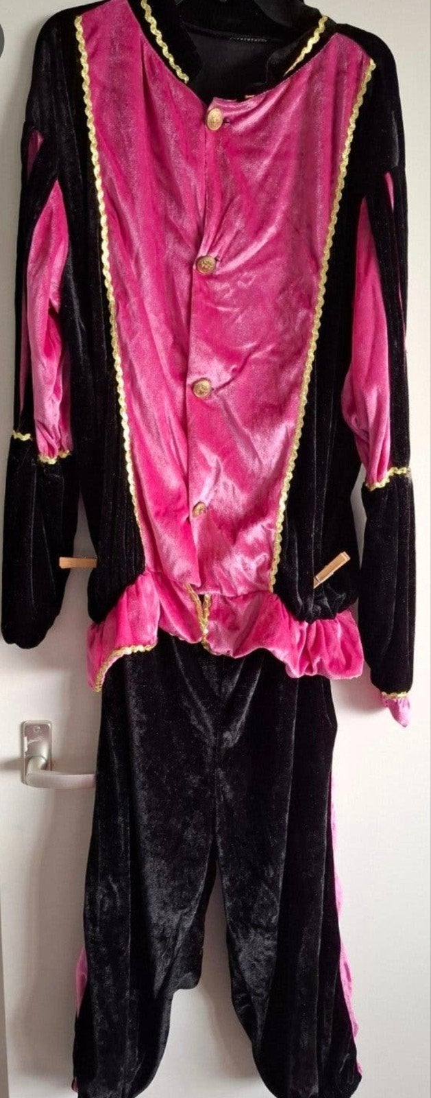 Pietenpak roze/zwart met pruik, muts, handschoenen, kraag, Maat 38/40 (M), Kerstmis of Sinterklaas, Ophalen of Verzenden, Kleding