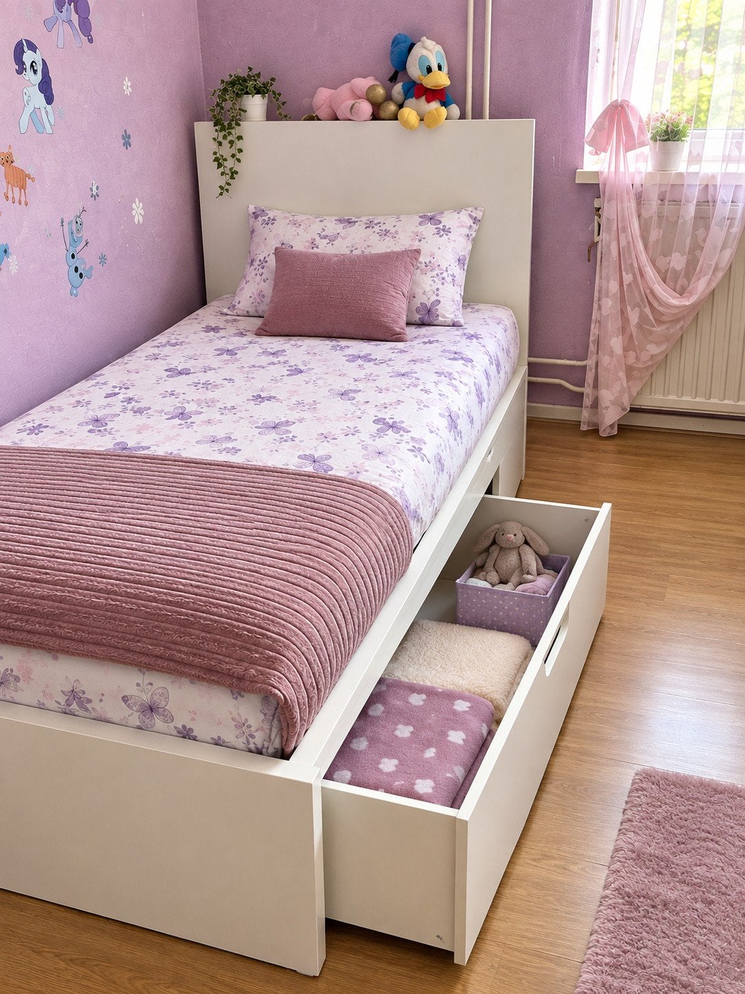 Eenpersoonsbed met opberglades - Wit en nachtkast, Huis en Inrichting, 90 cm, Eenpersoons, Wit, Ophalen of Verzenden