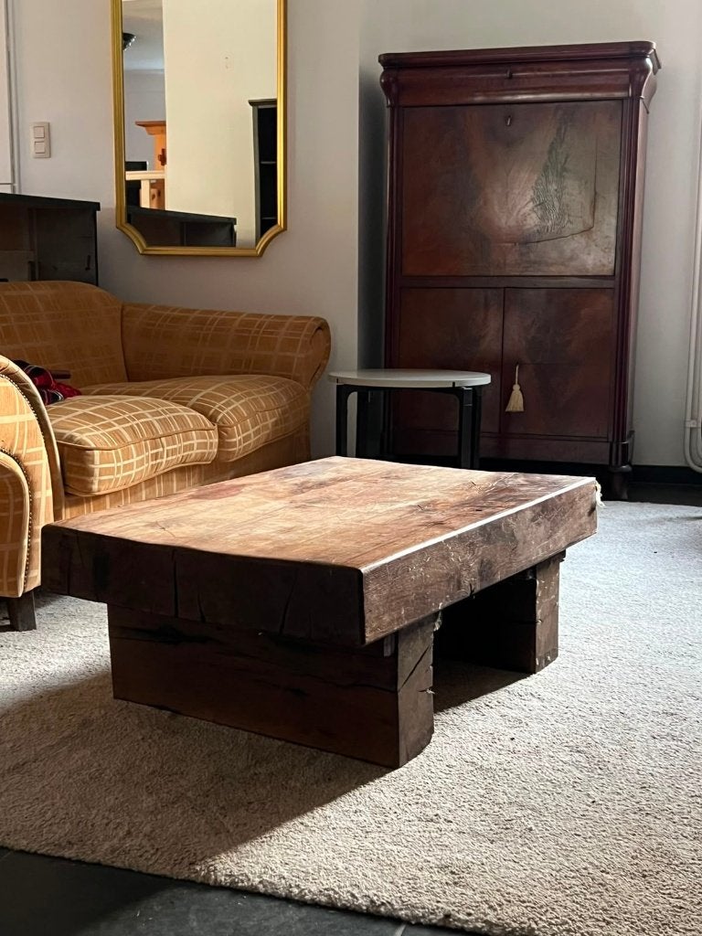 Robuuste salontafel van railwayhout Brutalist 100 x 70 x 40, Ophalen, 100 tot 150 cm, Brutalist, Wabi Sabi, 50 tot 100 cm