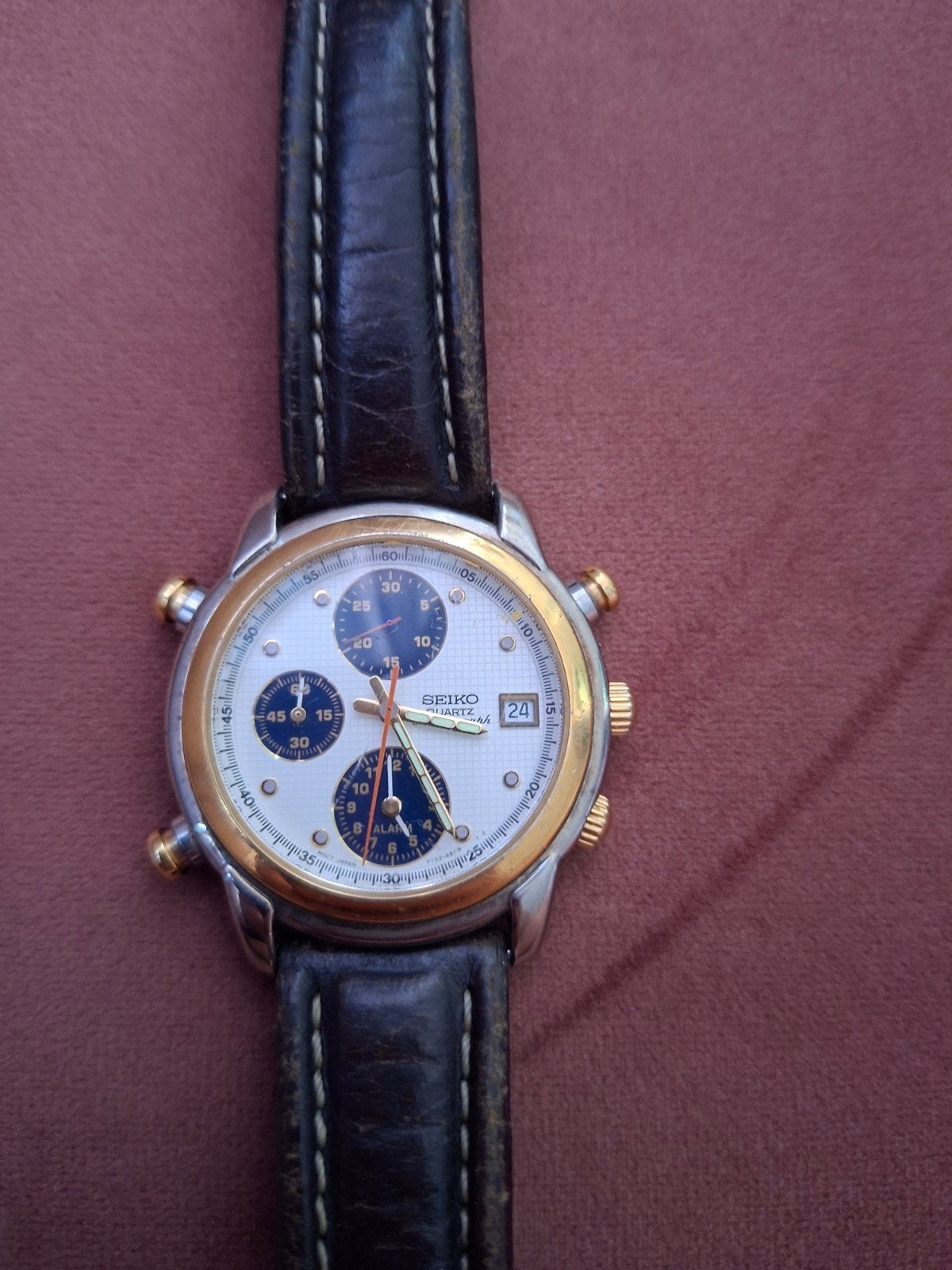 Seiko 7T32 Quartz Chronograph Alarm – Vintage Jaren '90, Ophalen of Verzenden, Goud, Seiko, 1960 of later