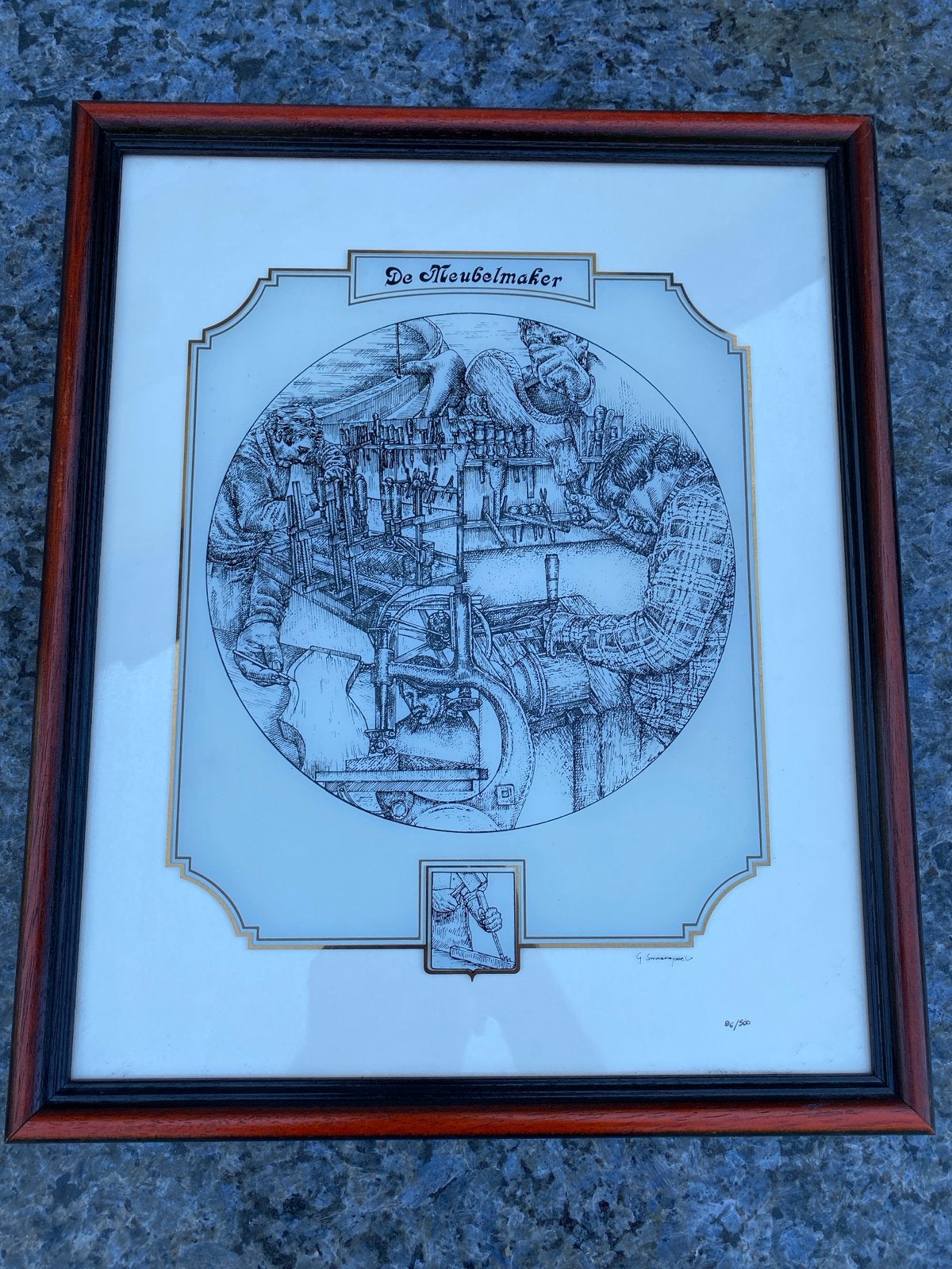 De Meubelmaker - Glasgravure van Gerard Swaenepoel, Dagelijks leven, 1950 - 1999, Overige technieken, Ophalen of Verzenden