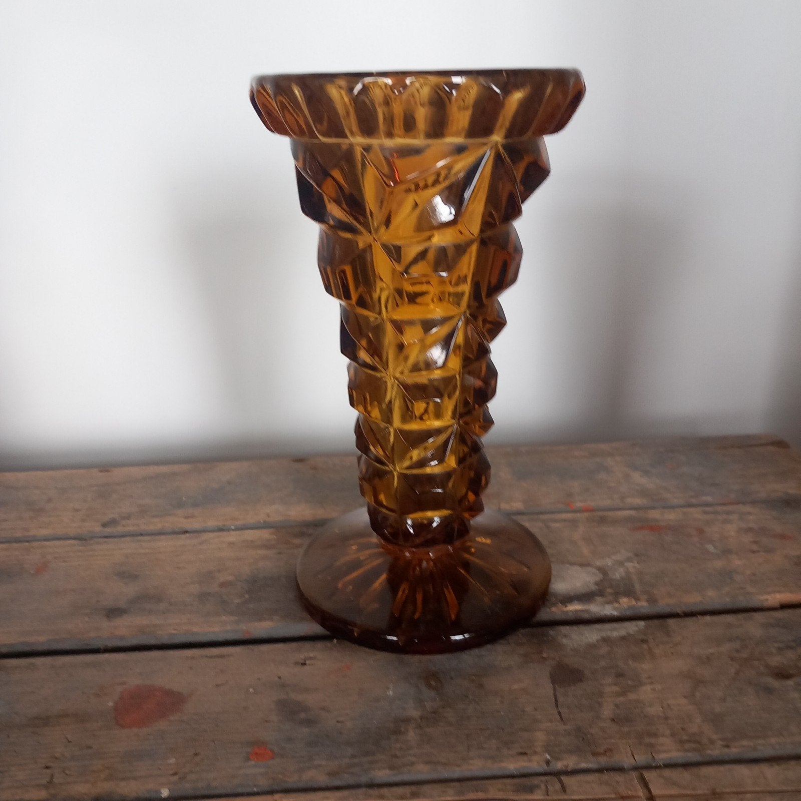 Vintage Amberkleurige Glazen Vaas met Geometrisch Patr, Ophalen of Verzenden