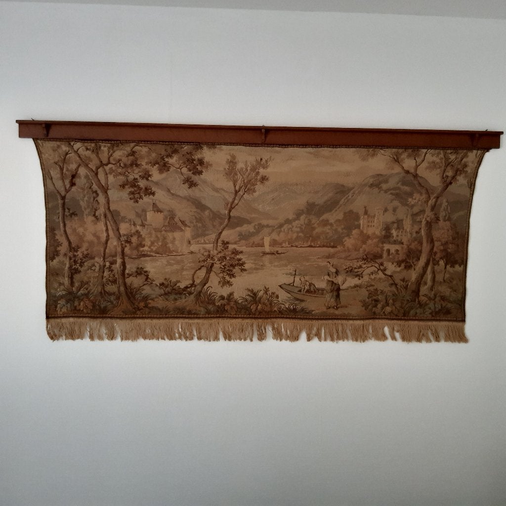 Antiek groot panoramisch Gobelin wandtapijt, Aubusson stijl., Ophalen