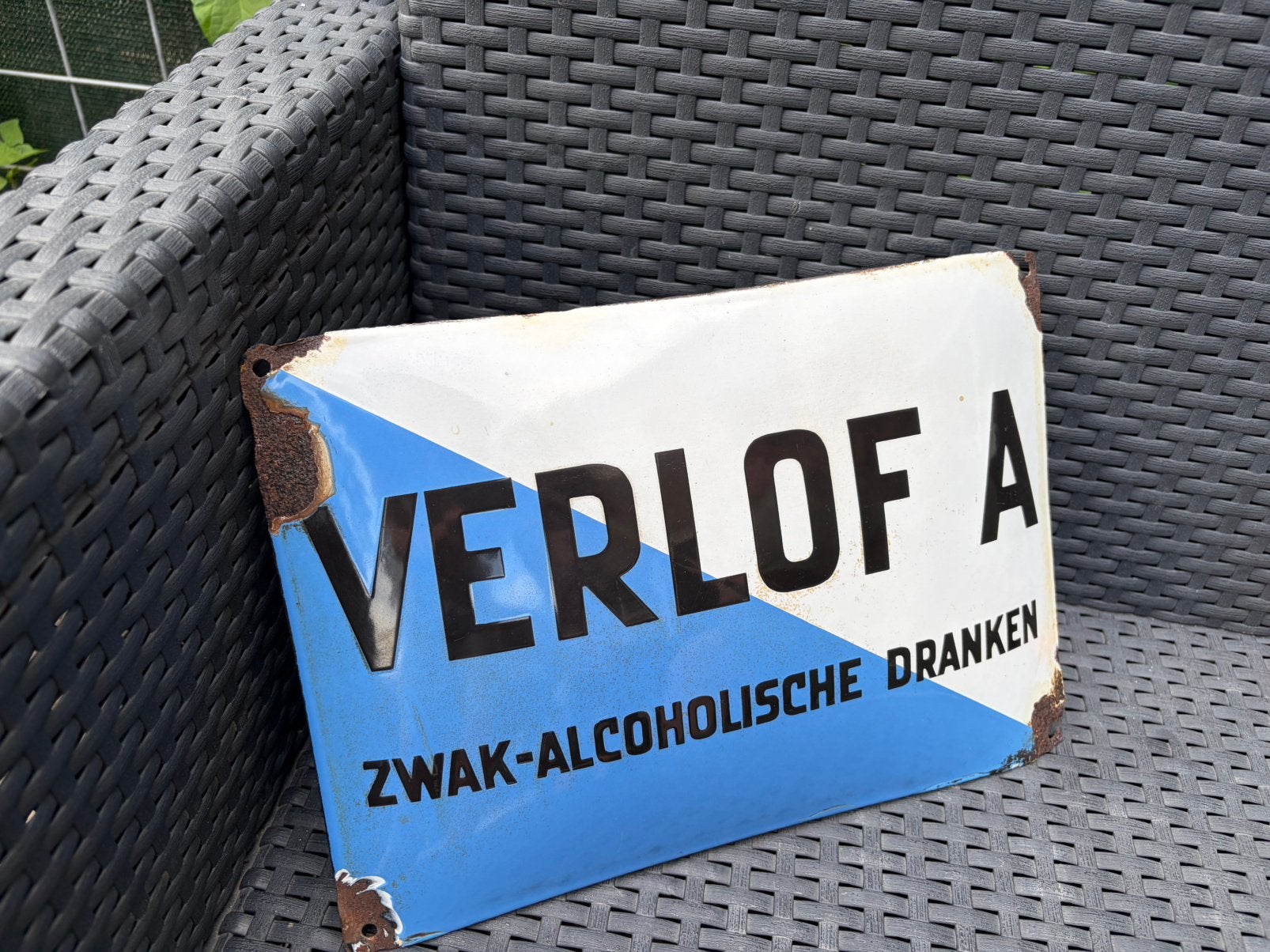 Emaille bord Verlof A Gebolde versie., Ophalen of Verzenden, Gebruikt, Reclamebord