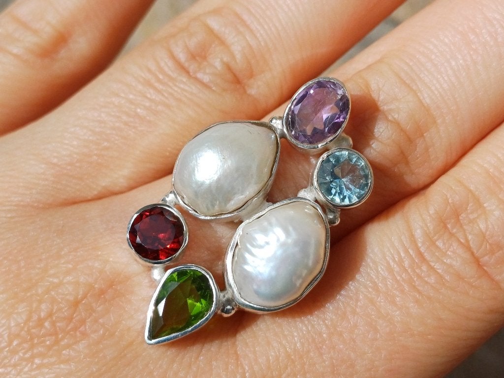 Vanoli 925 zilver ring parels granaat peridot maat 19,25, Daiva1973@hotmail.com, Met edelsteen, Vanoli, Overige kleuren