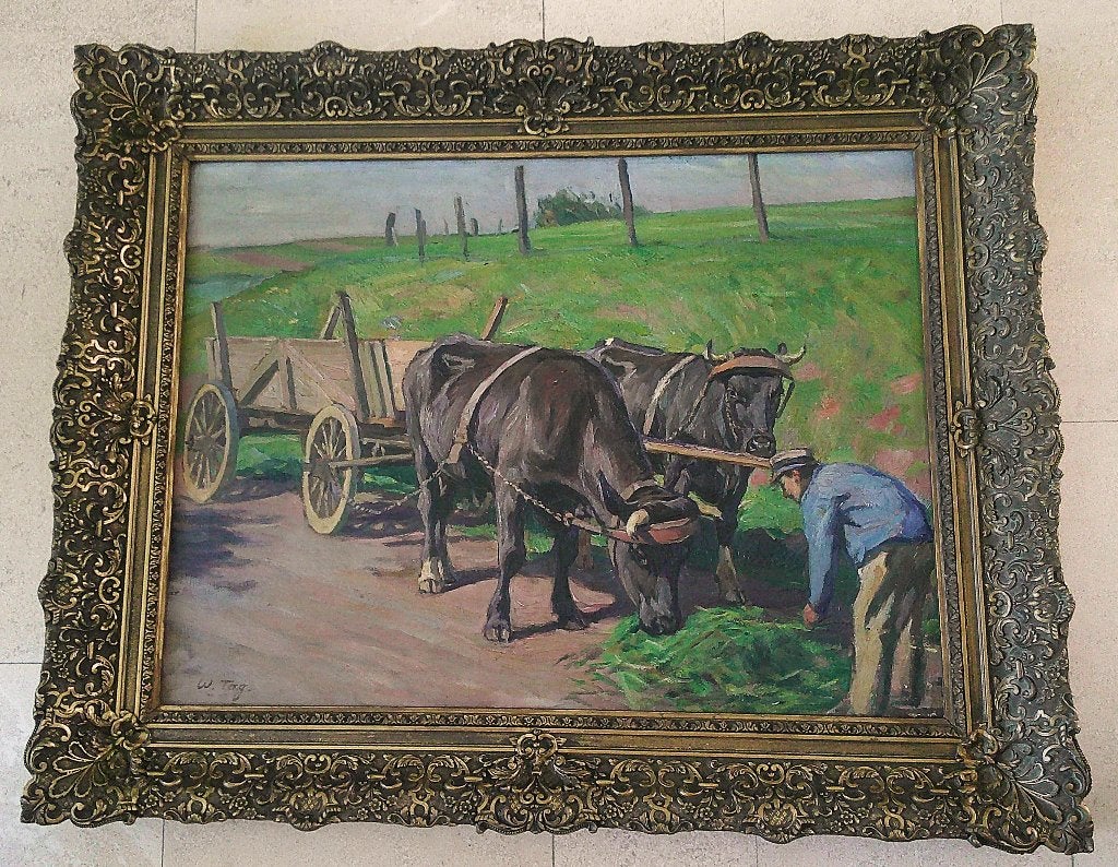 Boer met Ossenkar ca. 1940 - W. Tag (1886-1980), Antiek en Kunst, Doek, Ophalen of Verzenden, Bijzondere lijst, Olieverf