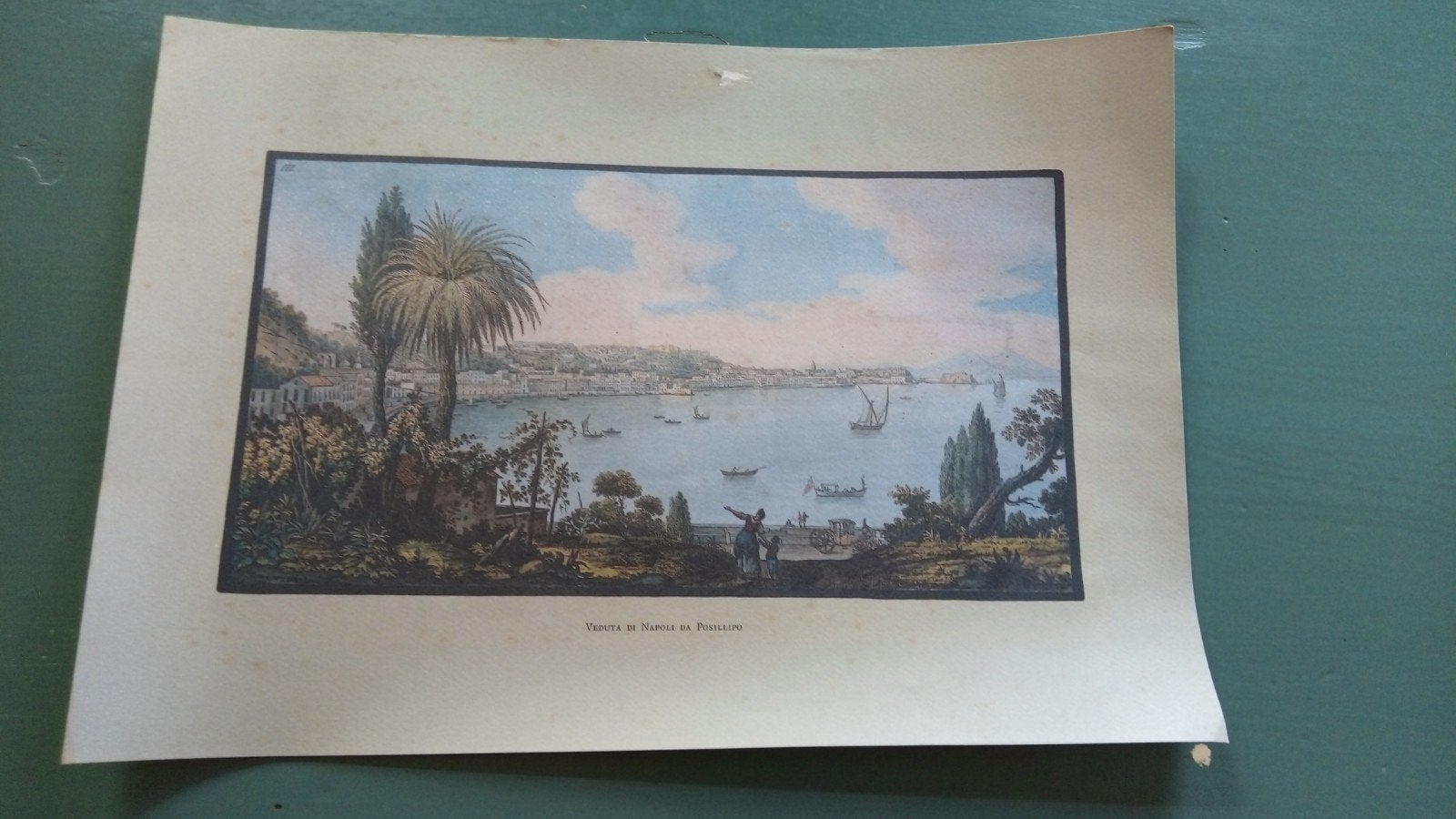 Antieke prent 'Veduta di Napoli da Posillipo' - 48x32 cm, Ophalen of Verzenden, Stadsgezicht, Met tekst