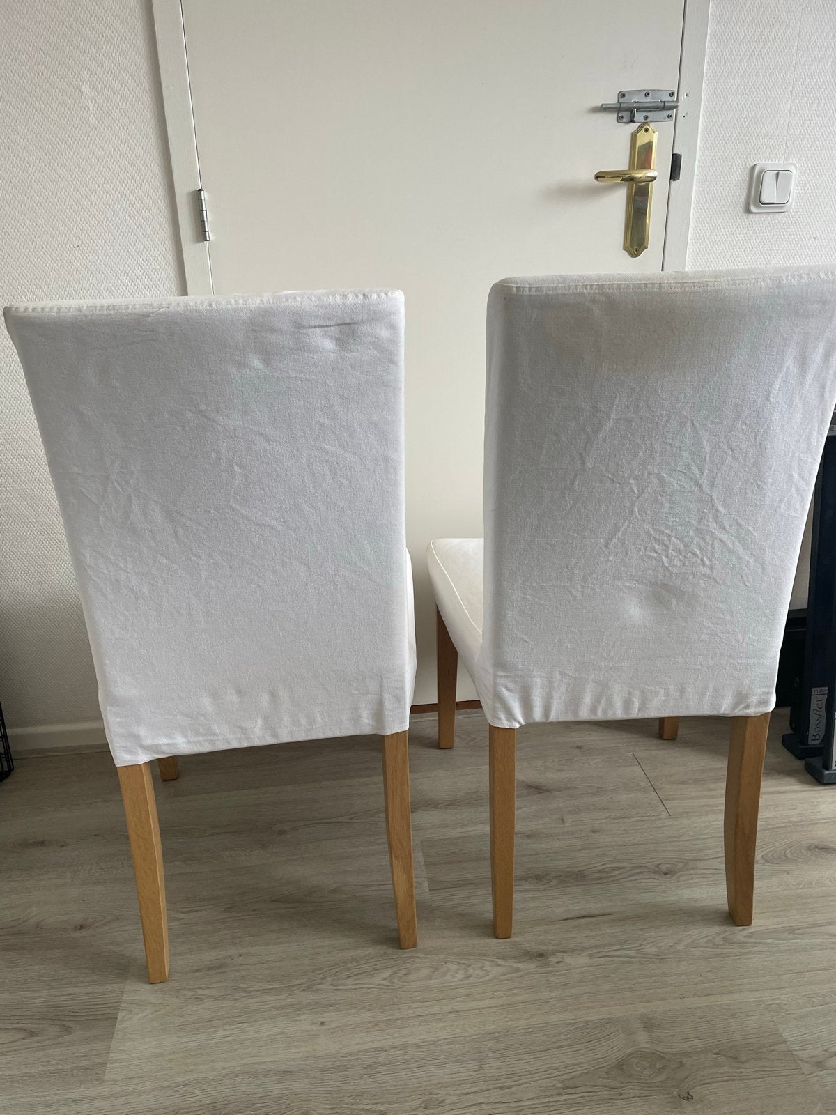 Vier witte eetkamerstoelen met afneembare hoezen, Huis en Inrichting, Ophalen, Gebruikt, Wit, Vier
