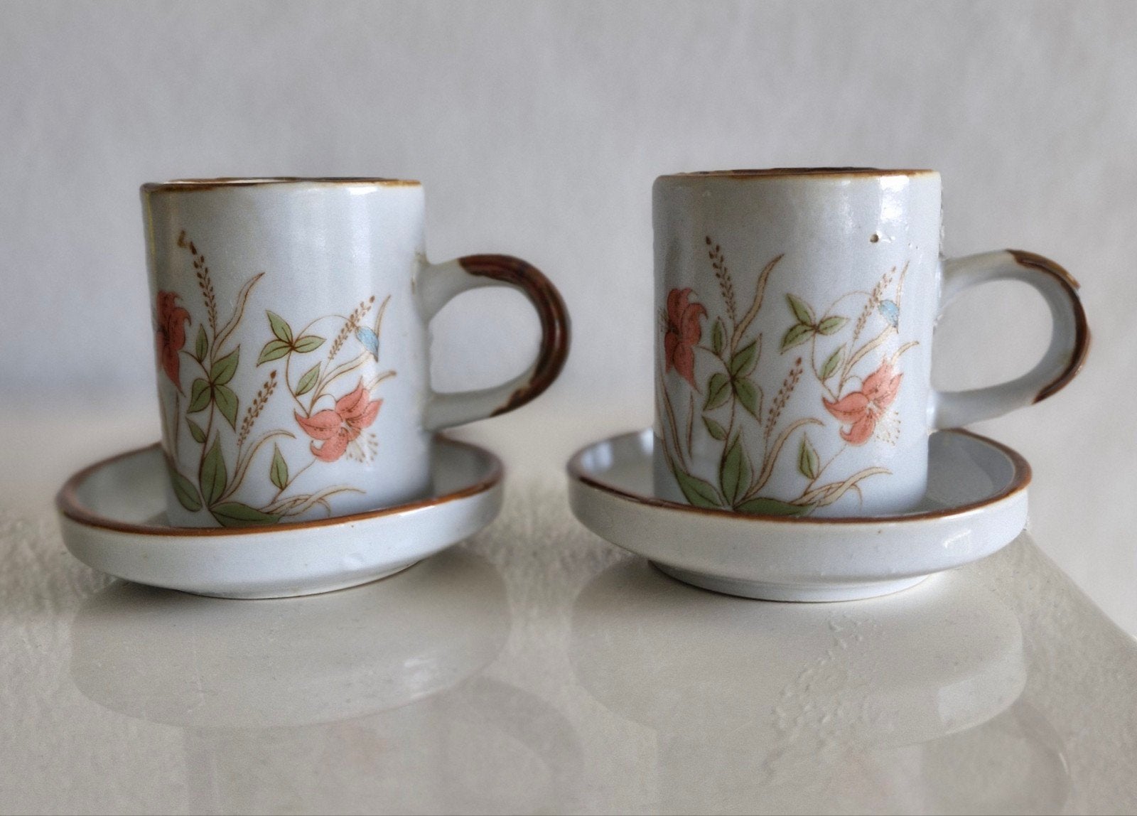 Twee Kop en Schotels met Bloemen opdrukken, Ophalen of Verzenden, Zo goed als nieuw, Overige stijlen, Kop(pen) en/of Schotel(s)