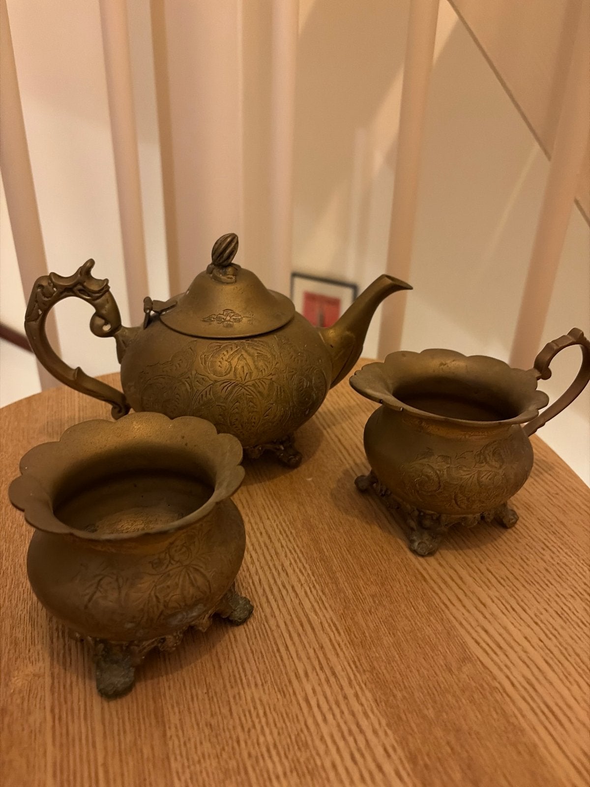 Antieke koperen theeset - theepot, suikerpot, melkkan, Ophalen of Verzenden