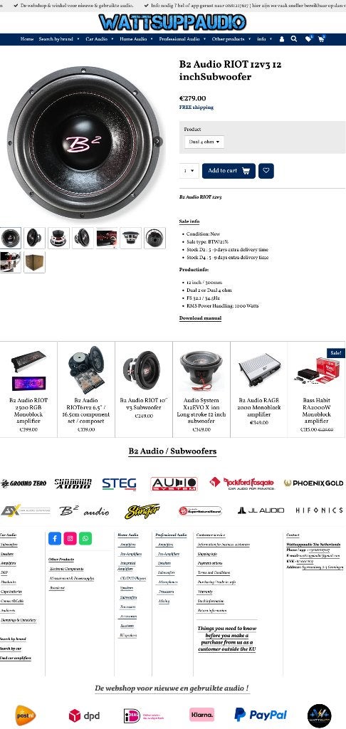B2 Audio RIOT 12v3 12 inch Subwoofer 1000W RMS, ., Nieuw, Ophalen of Verzenden, Plantevej 35, 2870 Dyssegaard, Denmark
