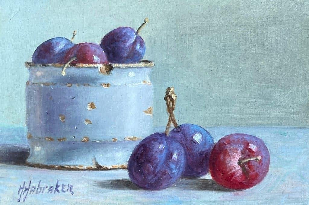 Schilderij stilleven pruimen in een kan. Hans Habraken., Antiek en Kunst, Ingelijst, Paneel, Realistisch, Stilleven