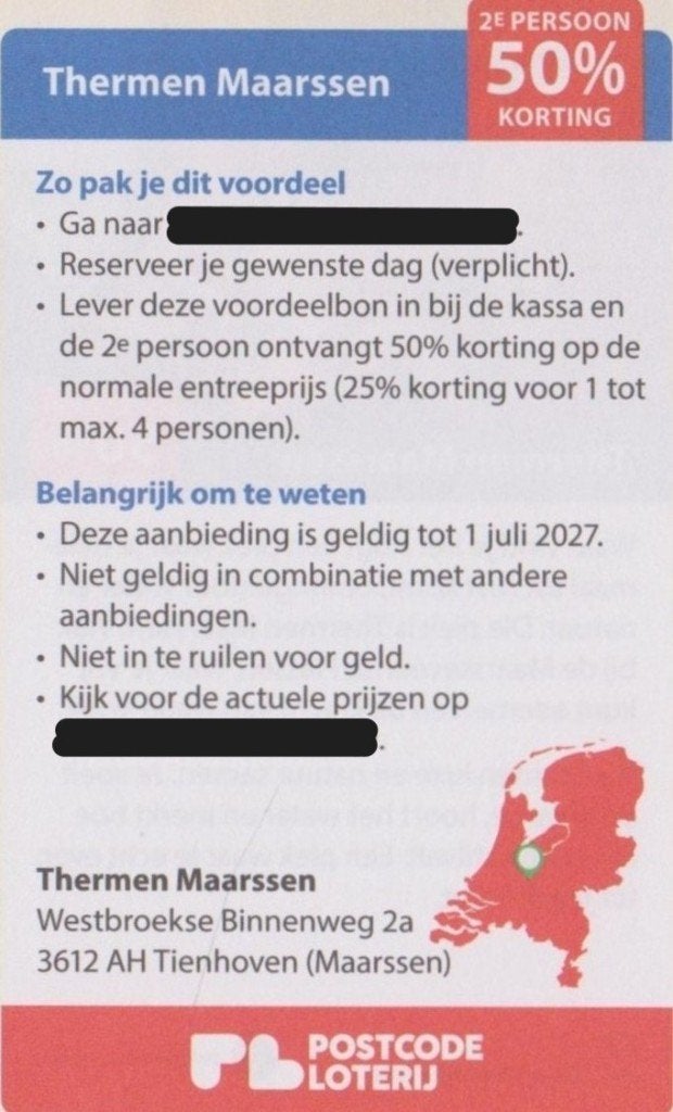 Thermen Maarssen. 2e persoon 50% korting Postcodeloterij bon, Twee personen, Kortingsbon, Spa of Sauna