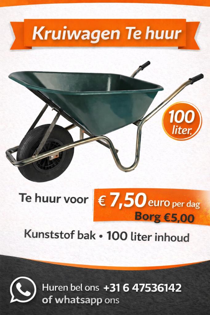 Te Huur kruiwagen 100 Liter Kunstofbak, Ophalen