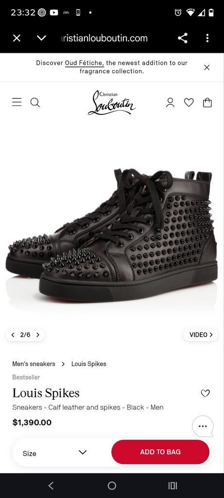 Christian Louboutin hightop spike sneakers maat 44, Ophalen of Verzenden, Zo goed als nieuw, Zwart
