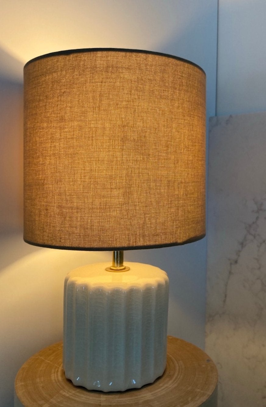 😍Linnen tafellamp lampenvoet keramiek geglazuurd beige goud, Beige, Art deco, Textiel, Ophalen of Verzenden