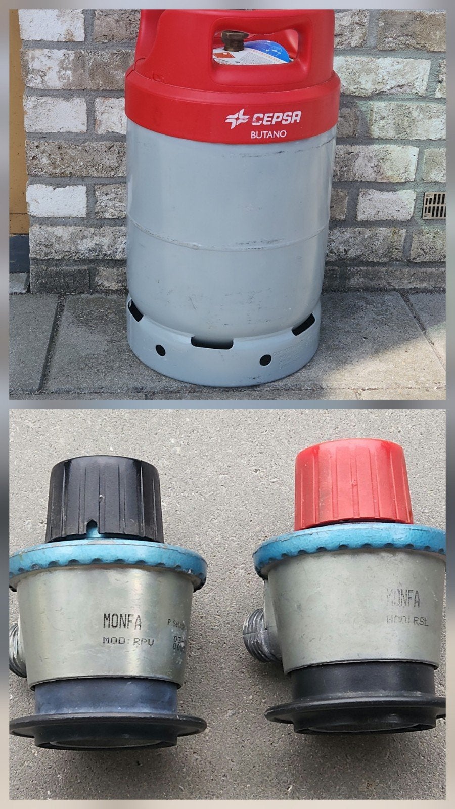 Spaanse butaan gasfles (leeg) - met 2 adapters, Ophalen, Gebruikt