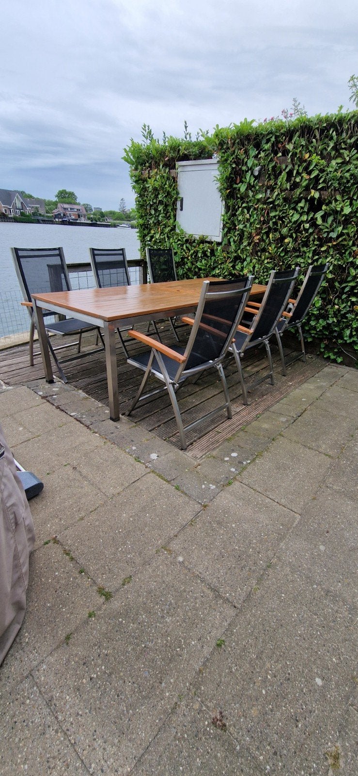 Tuintafel 250x100cm RVS frame teak blad 6x verstelbare stoel, Tuin en Terras, Ophalen of Verzenden, Zo goed als nieuw, Rvs
