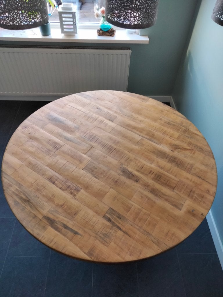 Mango houten ronde tafel, Huis en Inrichting, Tafels | Eettafels, Ophalen, Rond, Zo goed als nieuw, Mango hout