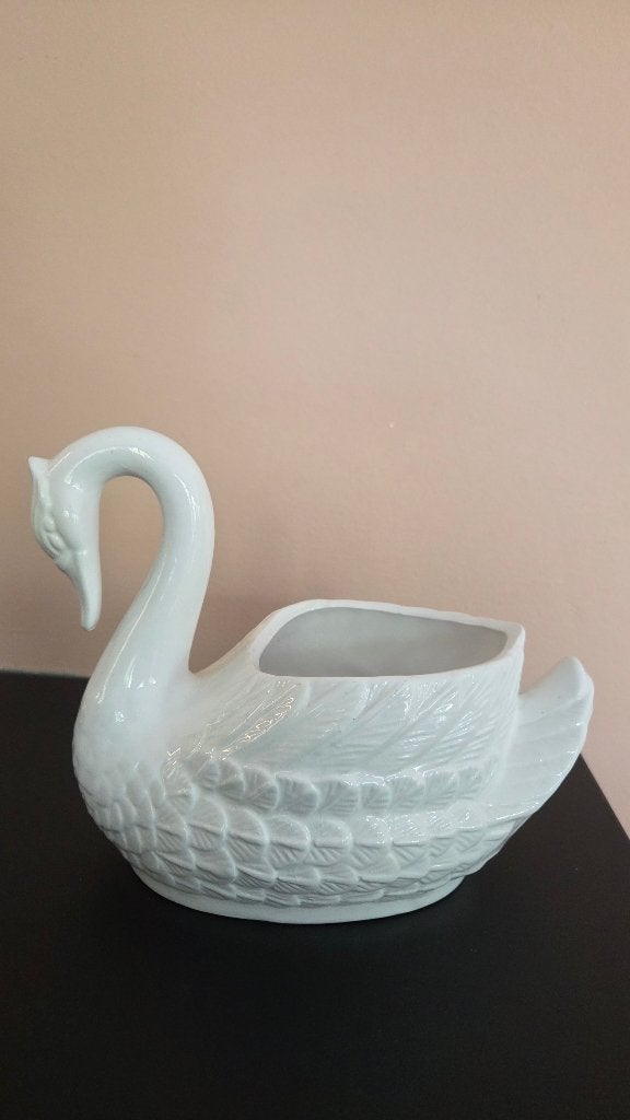 witte keramische zwaan bloempot • Hollywood Regency pot, Antiek en Kunst, Ophalen of Verzenden